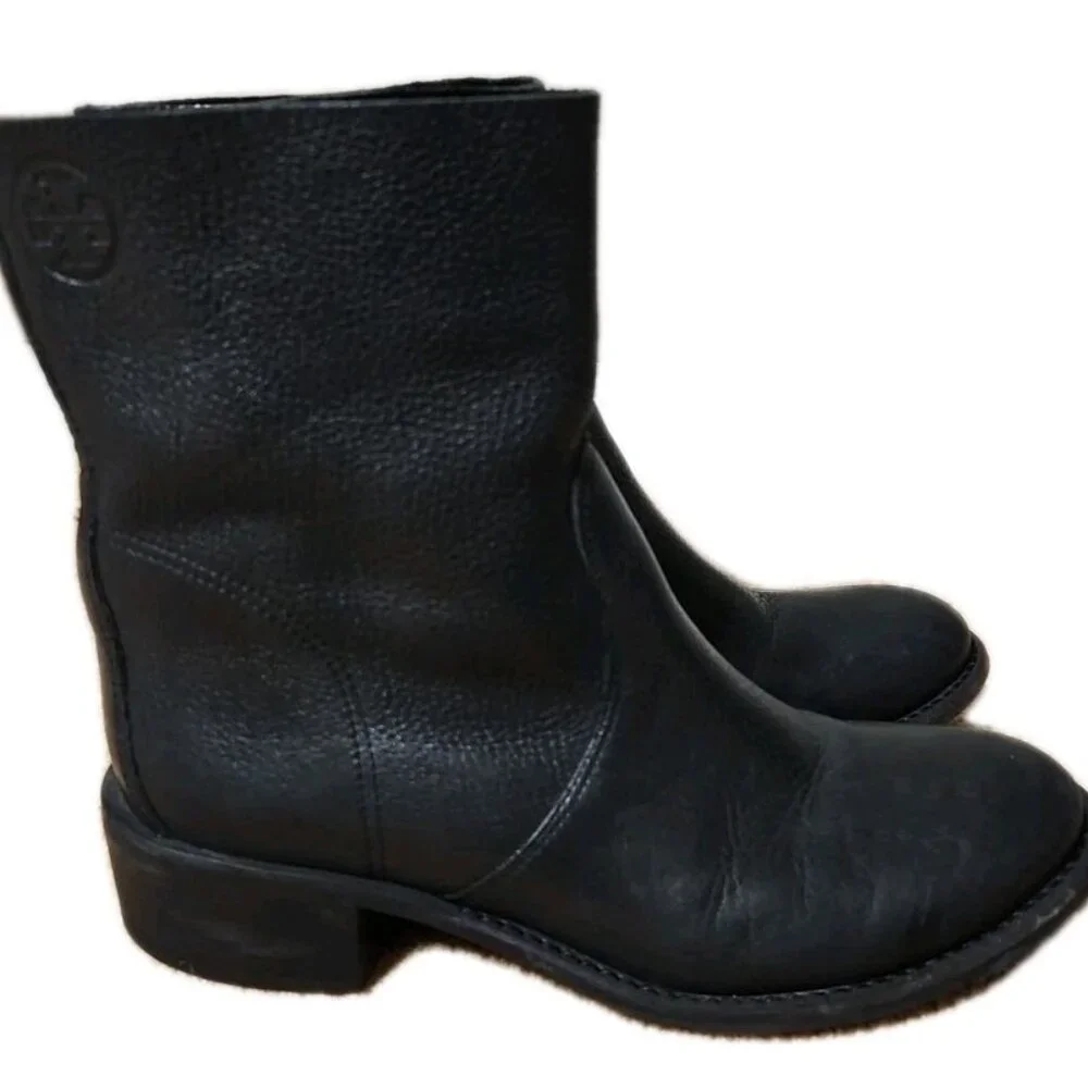 Tory Burch Siena Black Pebbeled Leather Ankle Boots, Womens Size 7.5